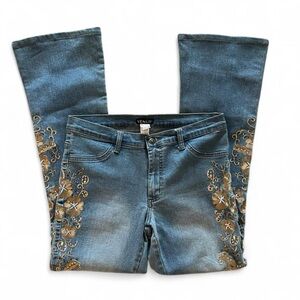 VENUS Y2K Blue Flared Jeans with Gold Floral Embroidery